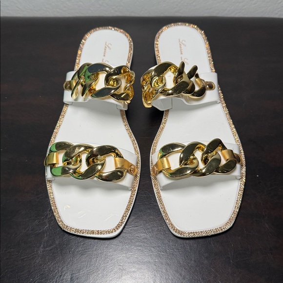 Lauren Lorraine White Sandals with Gold Chain - Picture 5 of 8